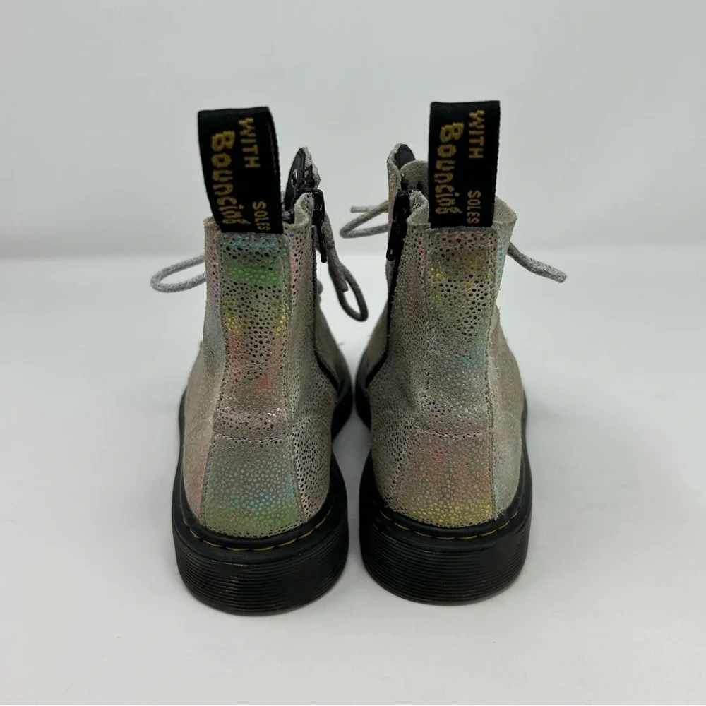 Dr. Martens Pascal White Metallic Rainbow Glitter Lace Up Kids Boots Size 3
